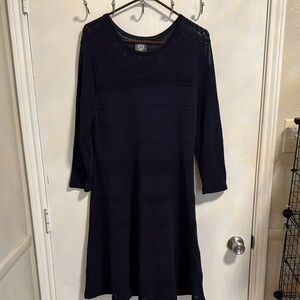 Vince Cameo Navy Blue Eyelet Pointelle Fit Flare Sweater Dress Size XL Excellent